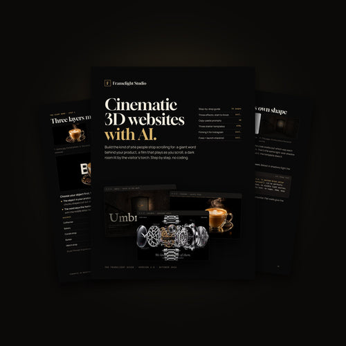 The cover of the Cinematic 3D Websites with AI guide by Framelight Studio, with inside pages behind it