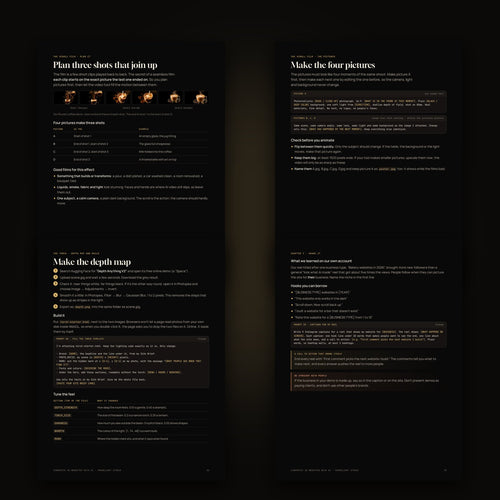 Inside pages of the 3D websites guide: the scroll film plan, the torch depth map and filming for Instagram
